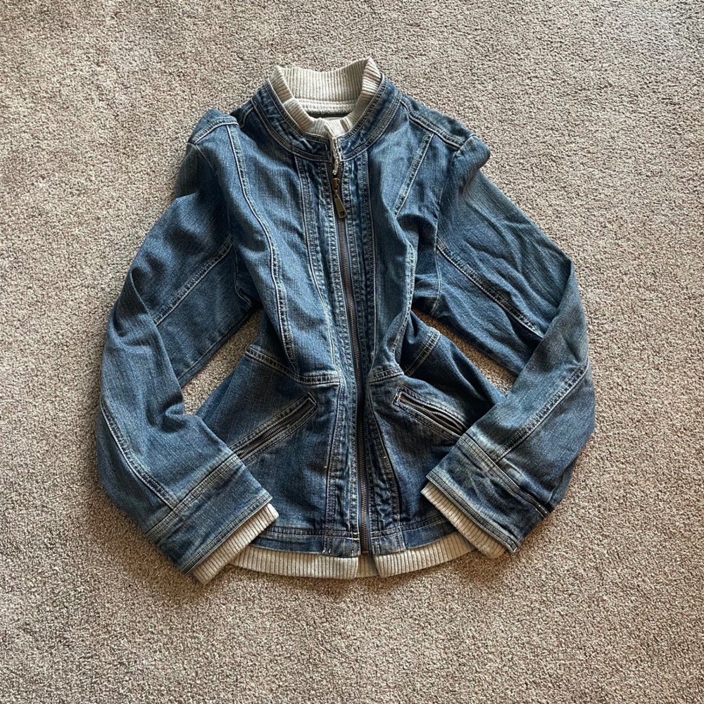 Y2K Womens Live a Little Denim Jacket Large Blue Excellent Mixed Media Zip Up